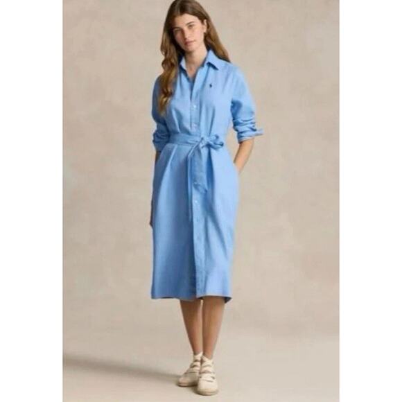 Polo RALPH LAUREN PONY Belted Shirt Dress Women Size 4 100% Linen Light Blue NWT - Picture 1 of 16